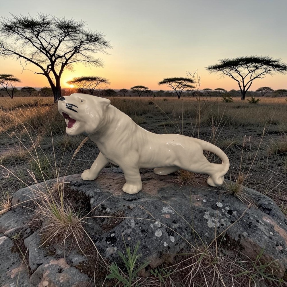 Vintage White Tiger Ceramic Figurine Roaring Mid Century Modern Safari Decor